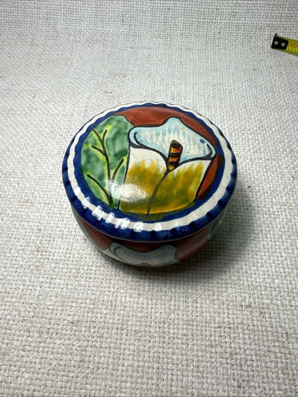 Vintage Talavera Calla Lilly Red Clay Hand Painted Trinket Box Signed Folk Art